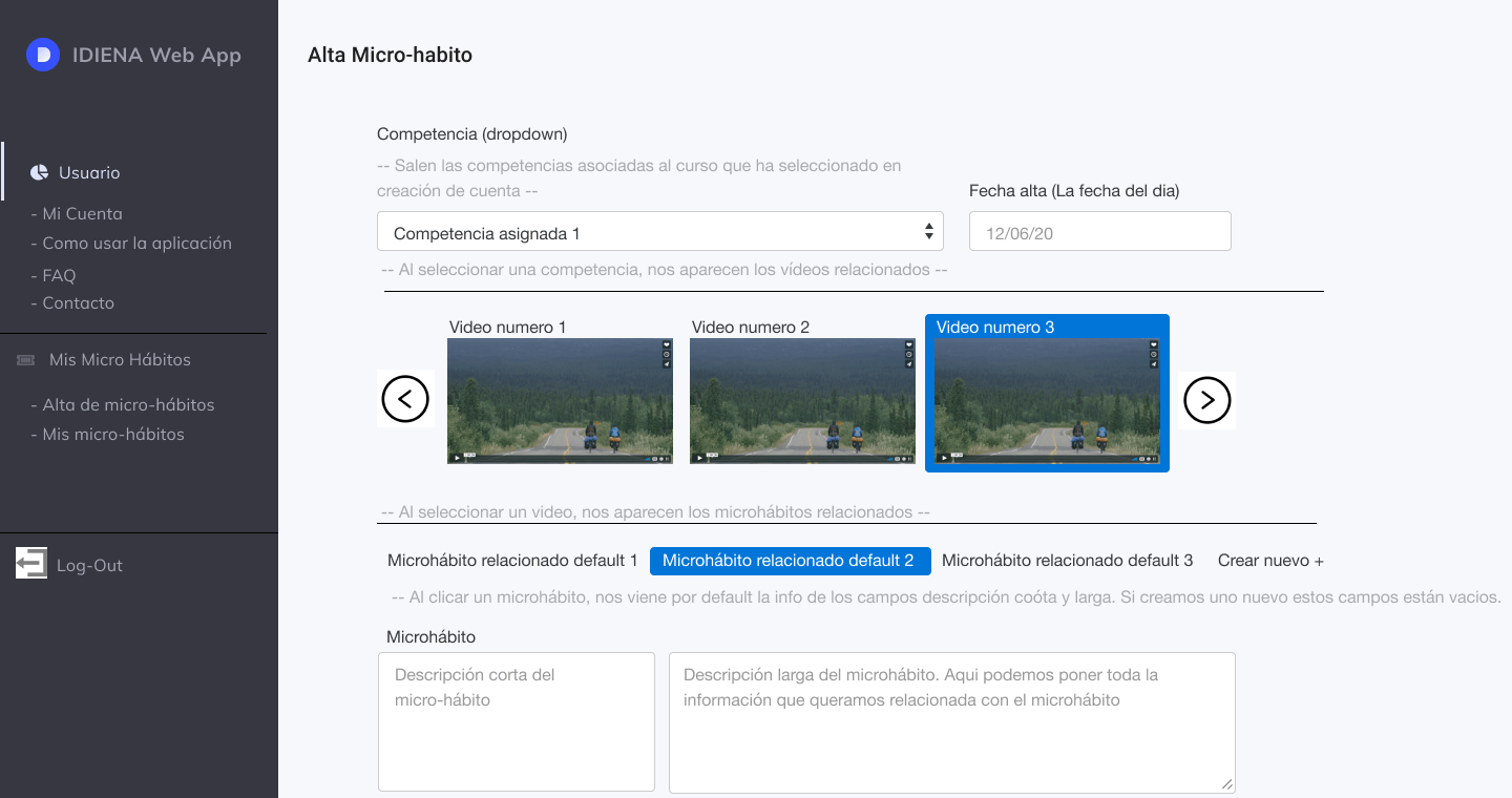 Prototip: alta d'un micro-hàbit triant competència, lliçó en vídeo i micro-hàbit suggerit