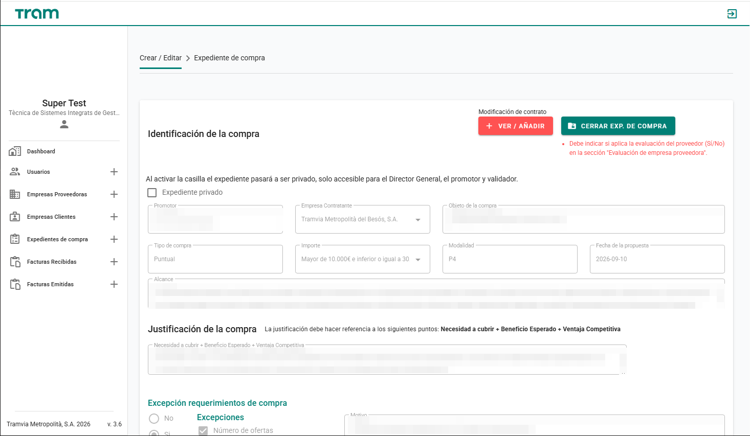 Fitxa d'un expedient de compra amb identificació, justificació i excepcions